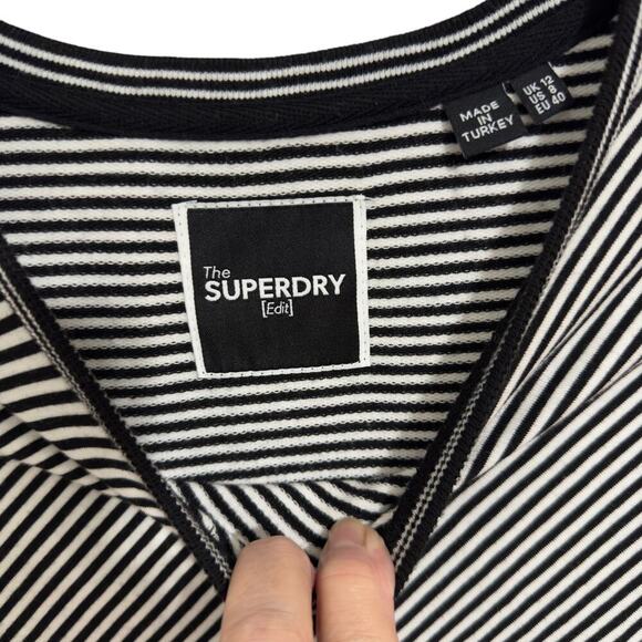 The Superdry Rouched Midi Long Sleeve Dress Black Stripe Sz 8 Side Slit - Picture 5 of 8